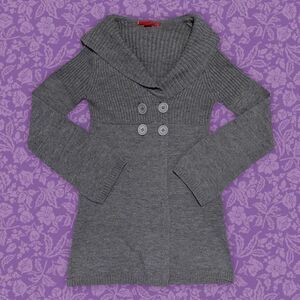 Vintage Grey 2000s Long Sleeve Ribbed Hooded Y2K Babydoll Sweater | Size L